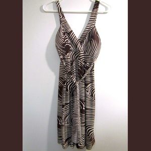 Striped Zebra Dress, size M, White Brown with V-Neck, Ties at waist